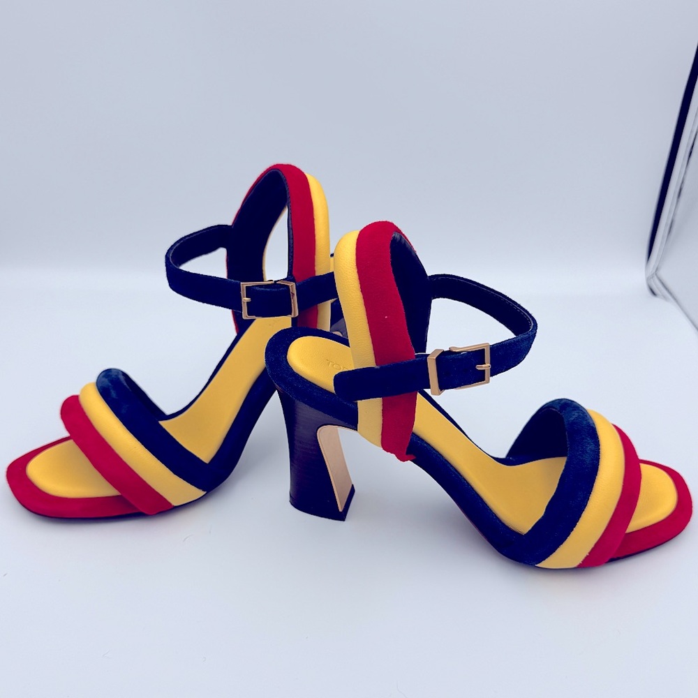 Fun Red, Yellow and Blue Tory Burch suede stripe sandals with stacked heal. SZ 6